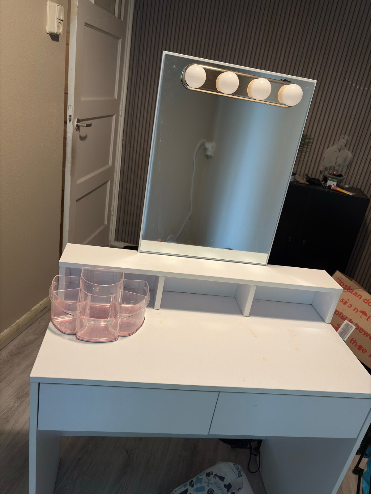 Witte kaptafel met spiegel en verlichting, Huis en Inrichting, Tafels | Kaptafels, Gebruikt, 100 tot 150 cm, Hout, 50 tot 100 cm