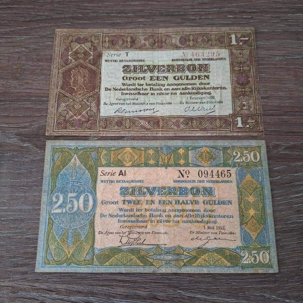 Setje lastige zilverbonnen 1 en 2,5 gulden, 1920 en 1922, Postzegels en Munten, Bankbiljetten | Nederland, Ophalen of Verzenden