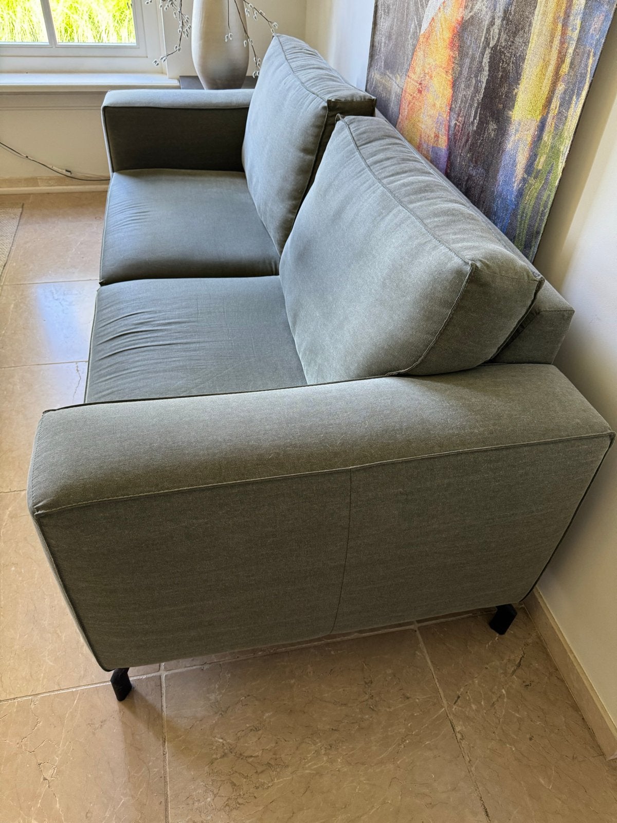 Groene stoffen bank (225cm) wegens verhuizing, Huis en Inrichting, Ophalen, Gebruikt, Driepersoons, 75 tot 100 cm