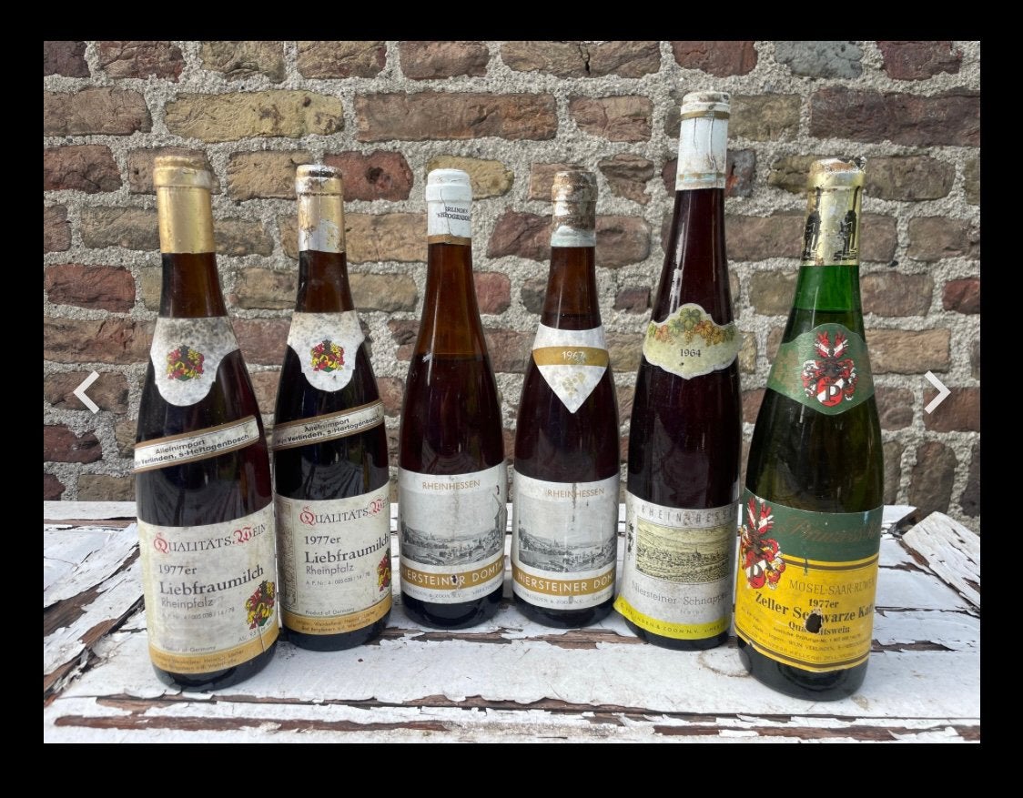 Duitse wijnen-6x-Liebfraumilch ‘64,Schw.Katz’77;Nierstein’67, Verzamelen, Ophalen of Verzenden, Zo goed als nieuw, Overige gebieden