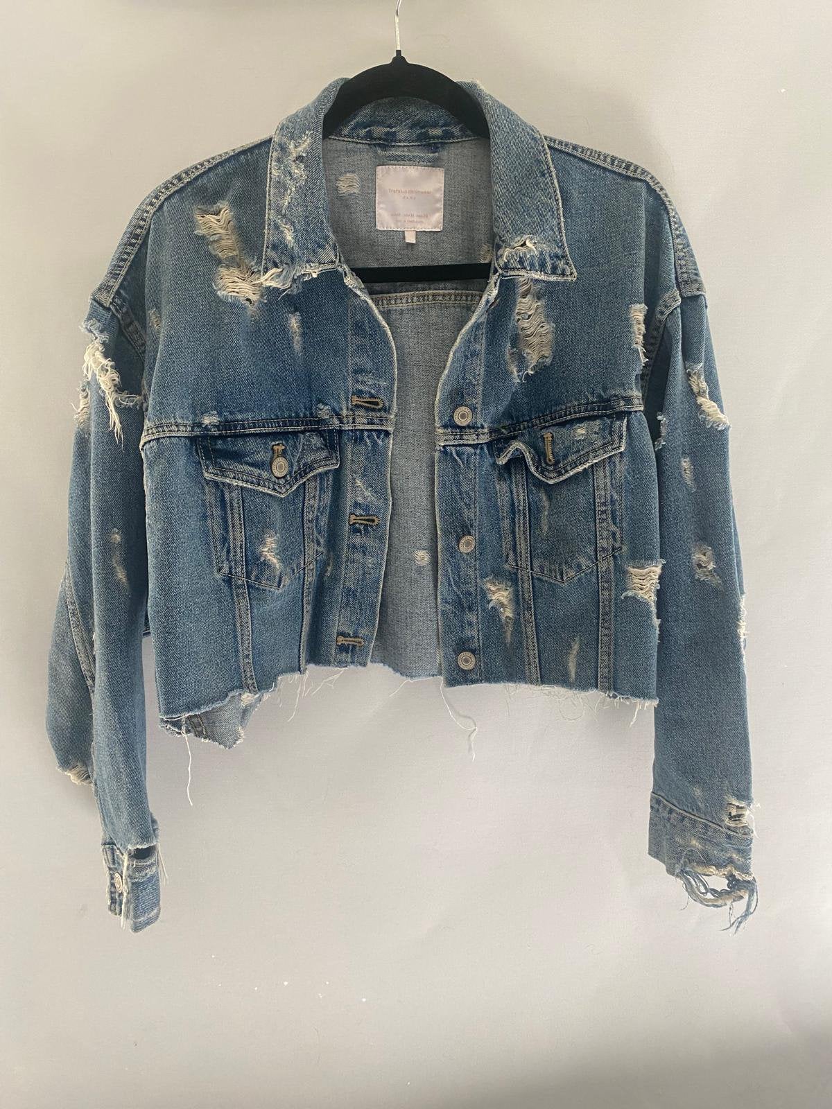 Zara Trafaluc cropped spijkerjack destroyed – Maat M/38, Ophalen of Verzenden, Zo goed als nieuw, Maat 38/40 (M), Blauw