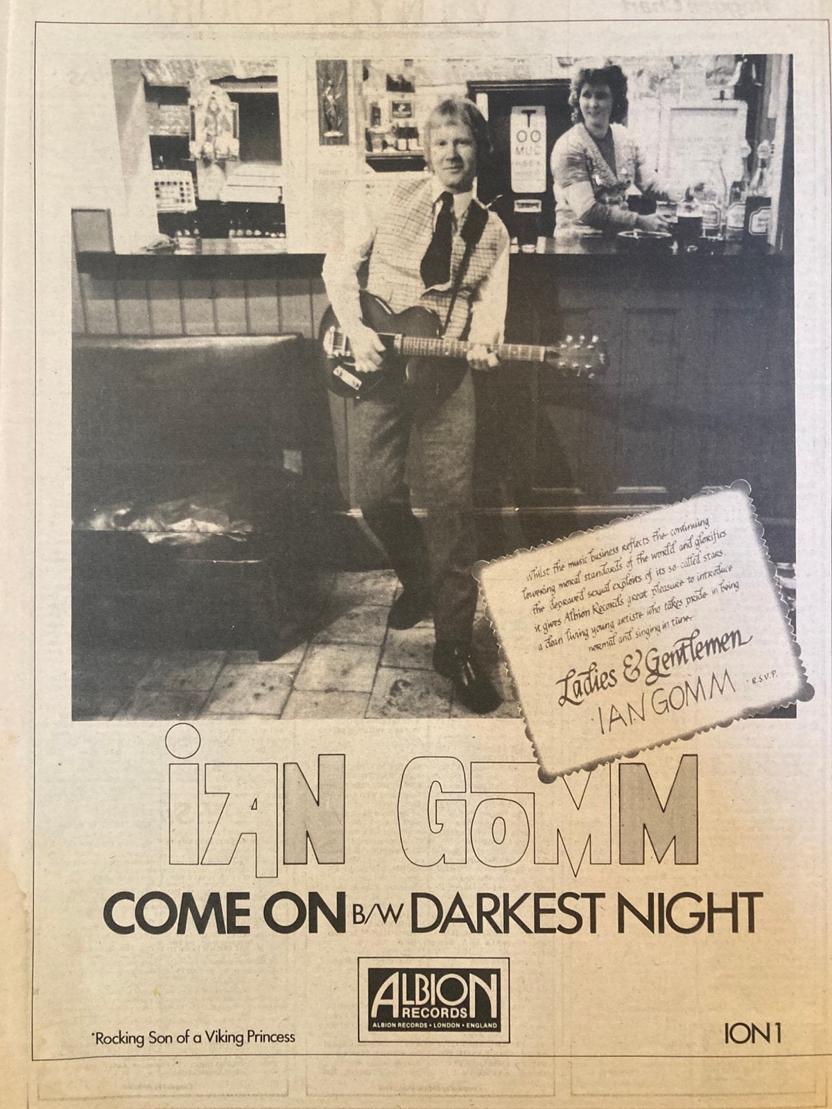 IAN GOMM Come On release A3 advertentie, Verzamelen, Ophalen of Verzenden, A1 t/m A3