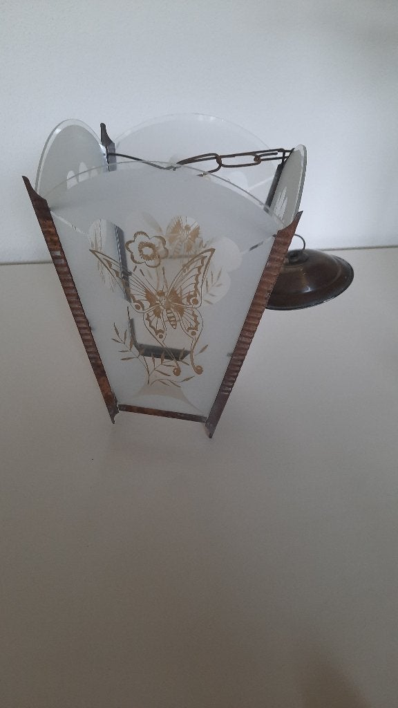 Oude hanglamp, koperkleurig, 4 glazen zijkanten, incompleet, Ophalen of Verzenden