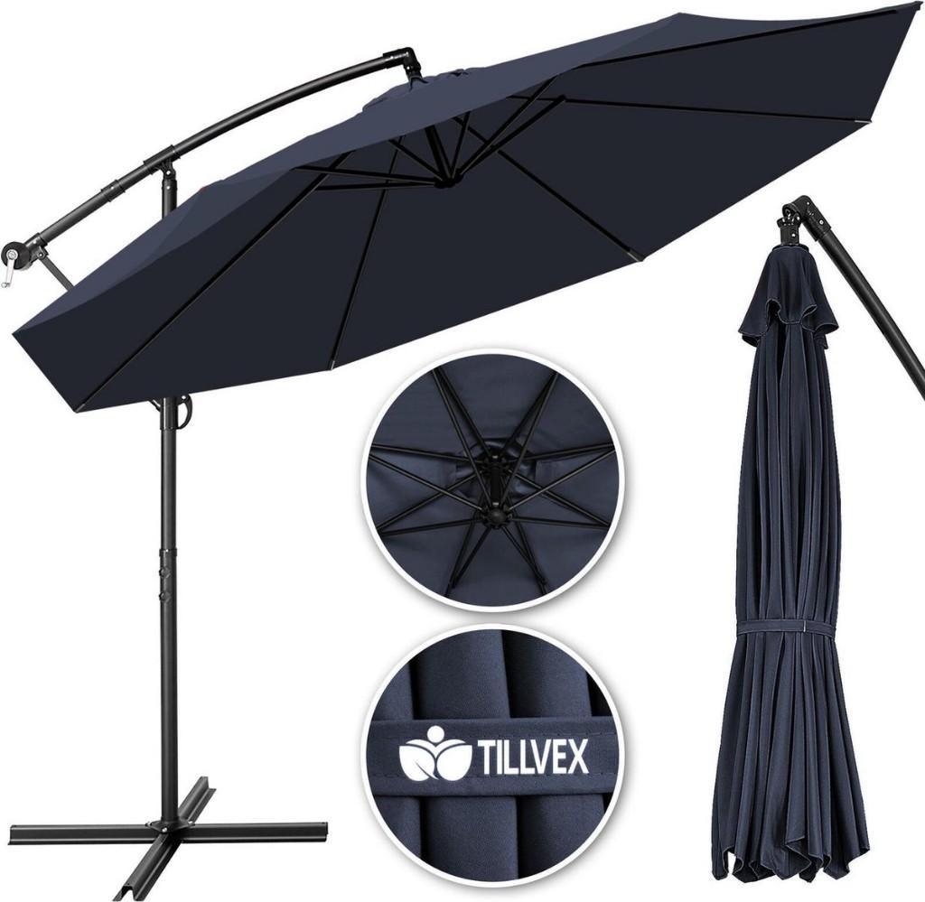 Zweefparasol met zwengel en standaard,donkerblauw, showmodel, Verstelbaar, Ophalen of Verzenden, 3 tot 4 meter, Zweefparasol