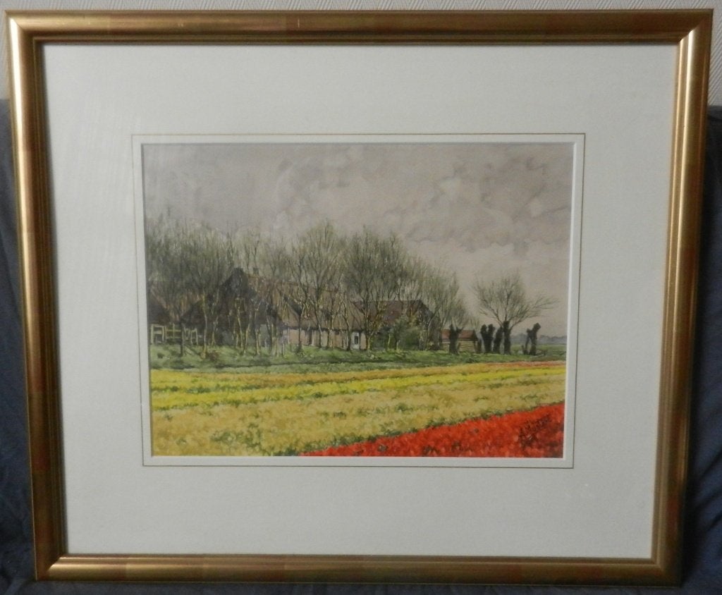Aquarel Boerderij bollenveld Wasbeek Warmond A Mustert 29x39, Impressionistisch, Ophalen of Verzenden, Landschap, Aquarel