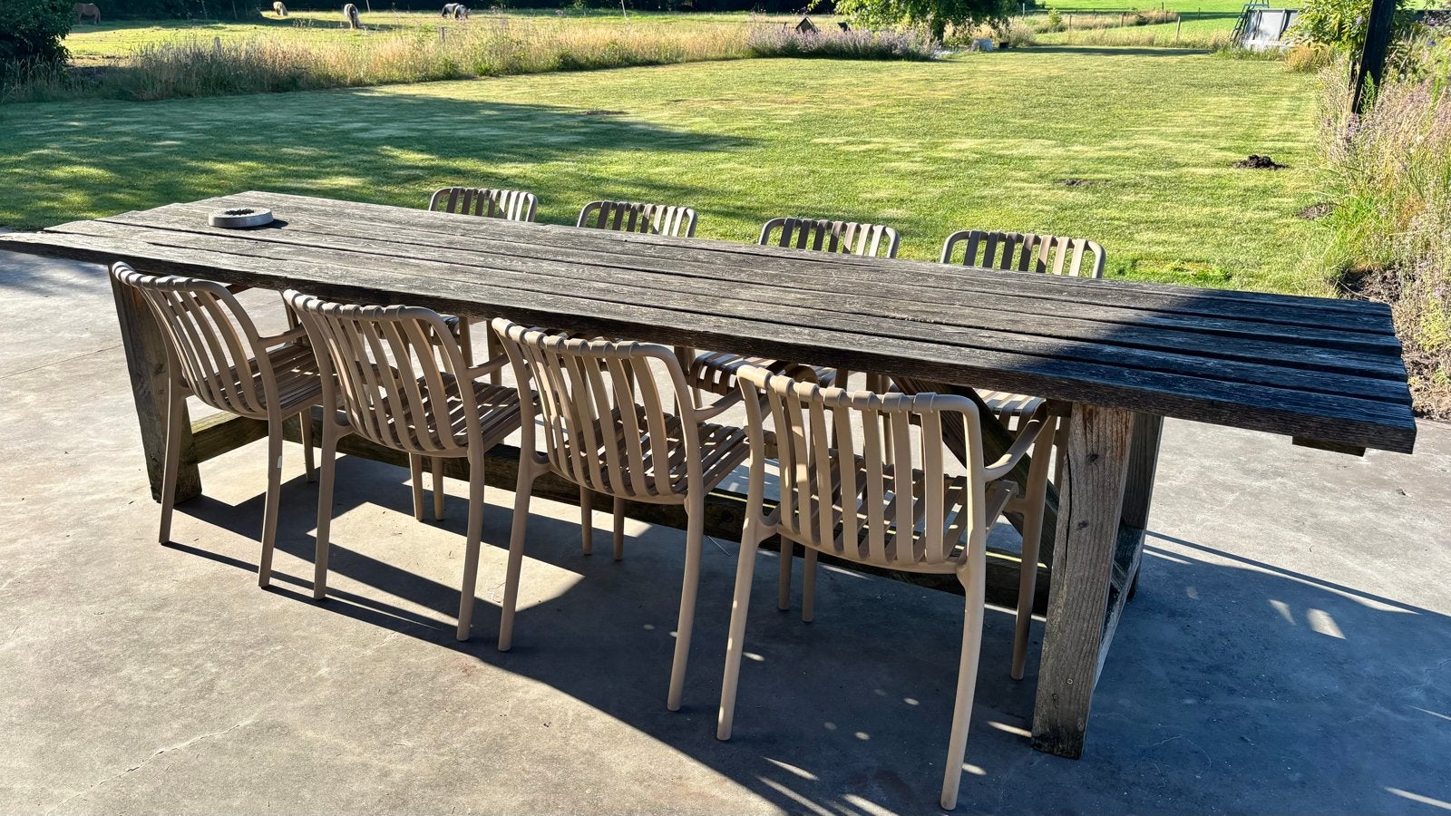 Robuuste houten tuintafel - 350x90x77 cm, Ophalen, Gebruikt, Rechthoekig, Hout