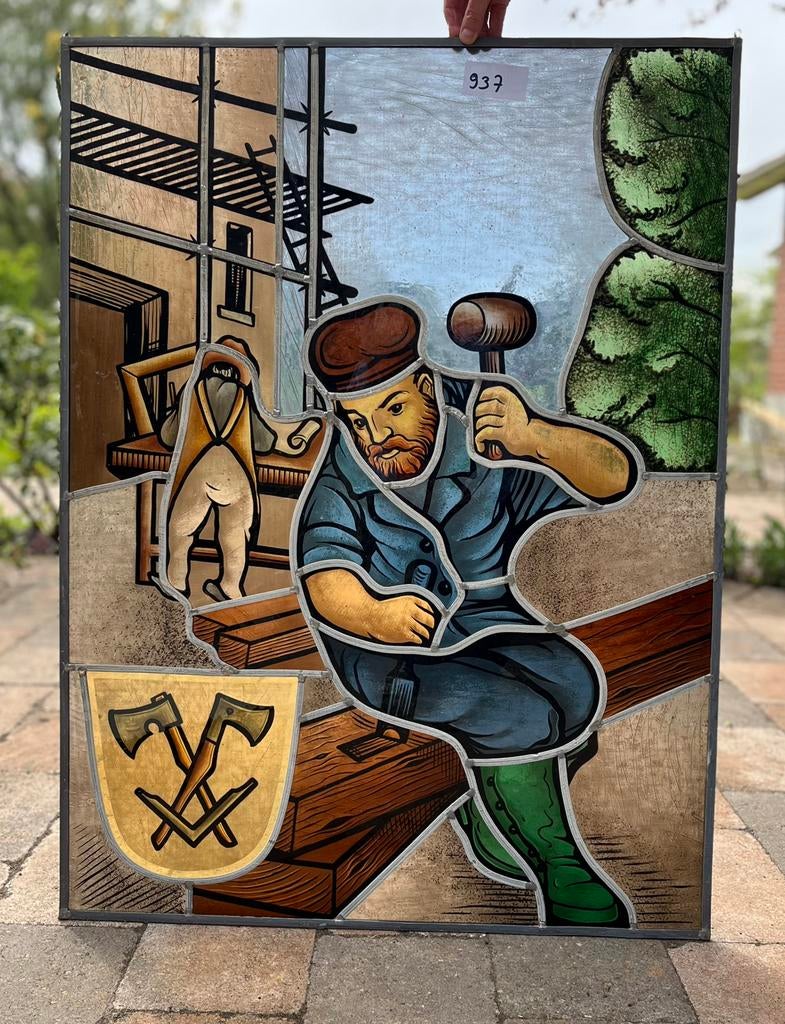 Prachtige afbeelding van een timmerman in glas in lood., Gebruikt, Minder dan 80 cm, Glas in lood, 80 tot 120 cm