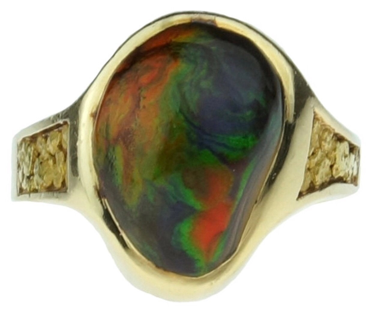 Gouden ring 14 kt met prachtige Ammoliet edelsteen, Ophalen of Verzenden, Goud, Ring, Met edelsteen
