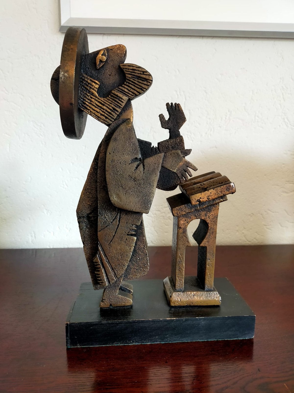 Uniek bronzen beeld van Frank Meisler, Jaffa, Israël, Ophalen, Brons, Beeld, Bruin