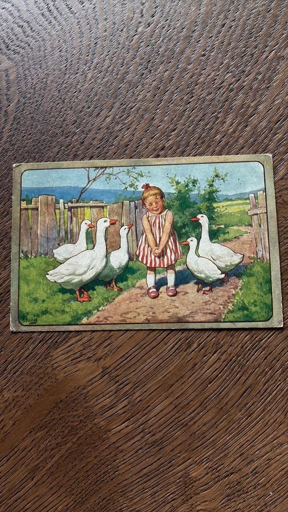 FEIERTAG.1923.Meisje in weiland omringd door eenden, Ophalen of Verzenden, 1920 tot 1940, Gelopen, Kinderen