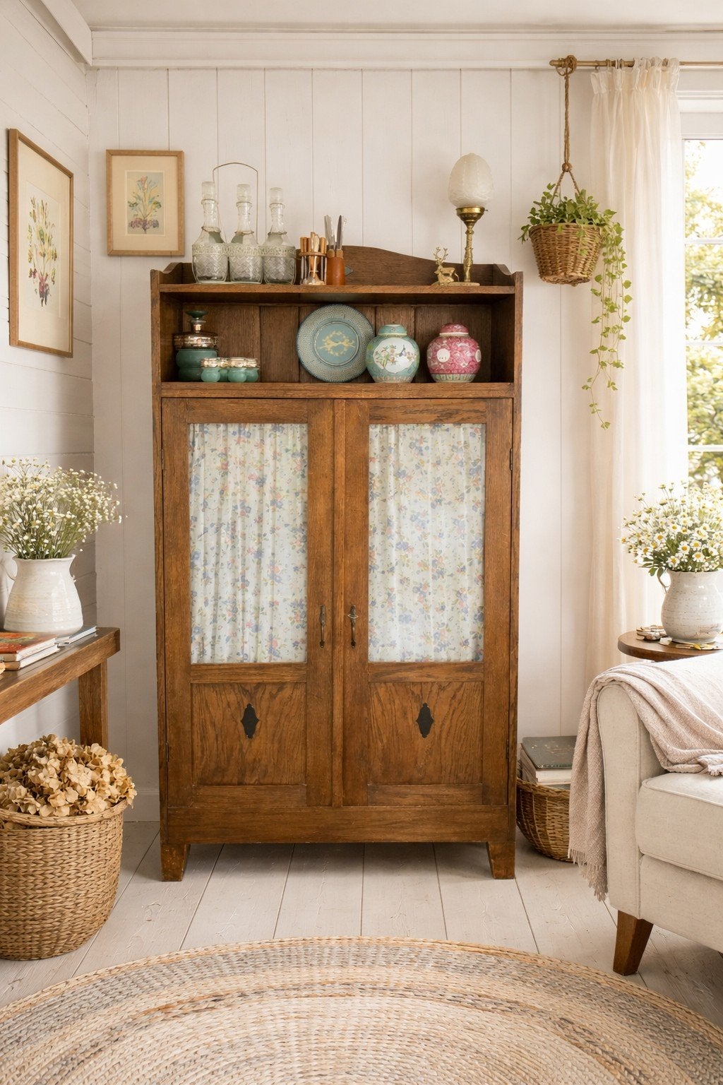 Schattig vintage brocante vitrinekastje, eiken kast, kastje, Ophalen, Vintage, Eikenhout, 50 tot 100 cm