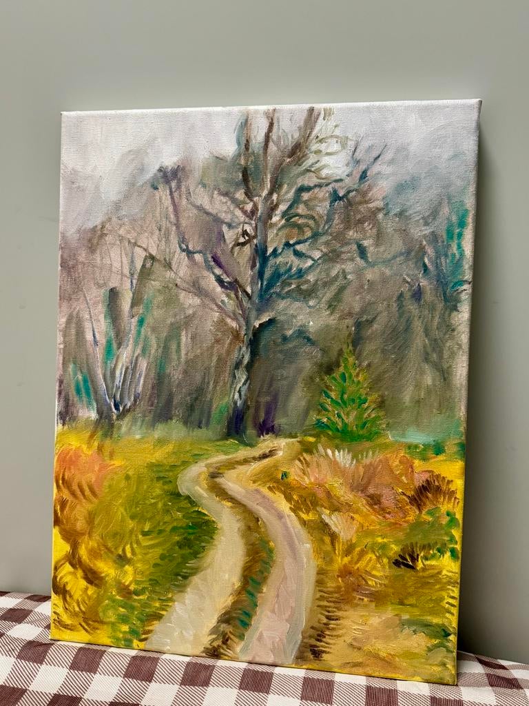 Uniek Olieverf Schilderij op Canvas: Bospad in Herfstkleuren, Antiek en Kunst, Ophalen of Verzenden