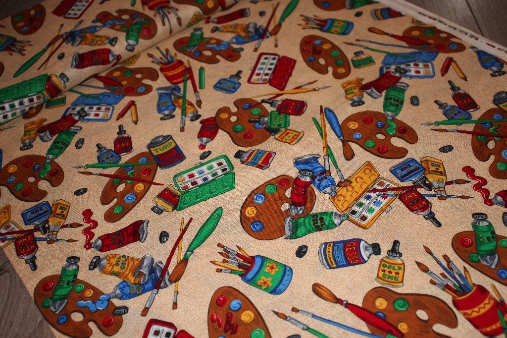 Rol vintage 100% katoen stof - beige verf kwasten #4568, Beige, Ophalen of Verzenden, 30 tot 120 cm, Katoen
