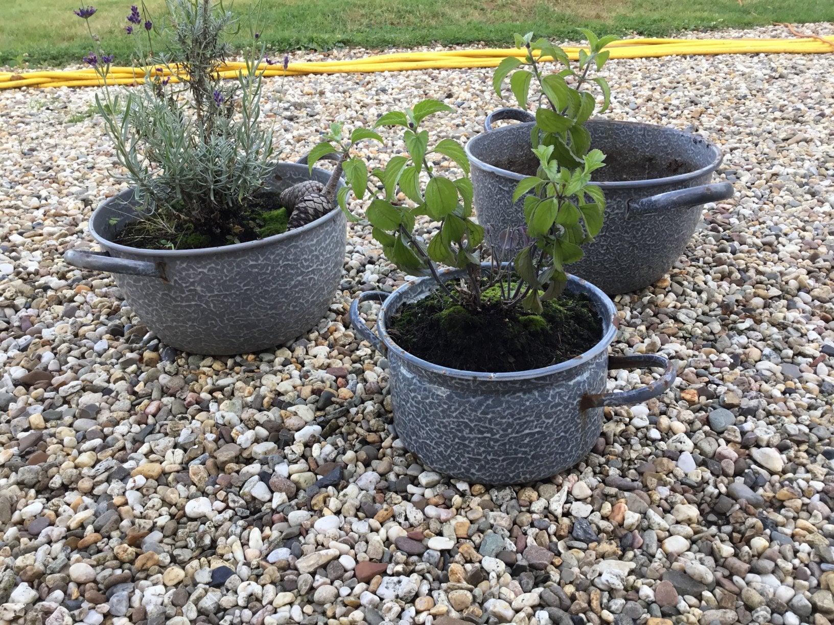3x emaille bloempot - grijs blauw, Ophalen, Gebruikt, Minder dan 30 cm, Rond