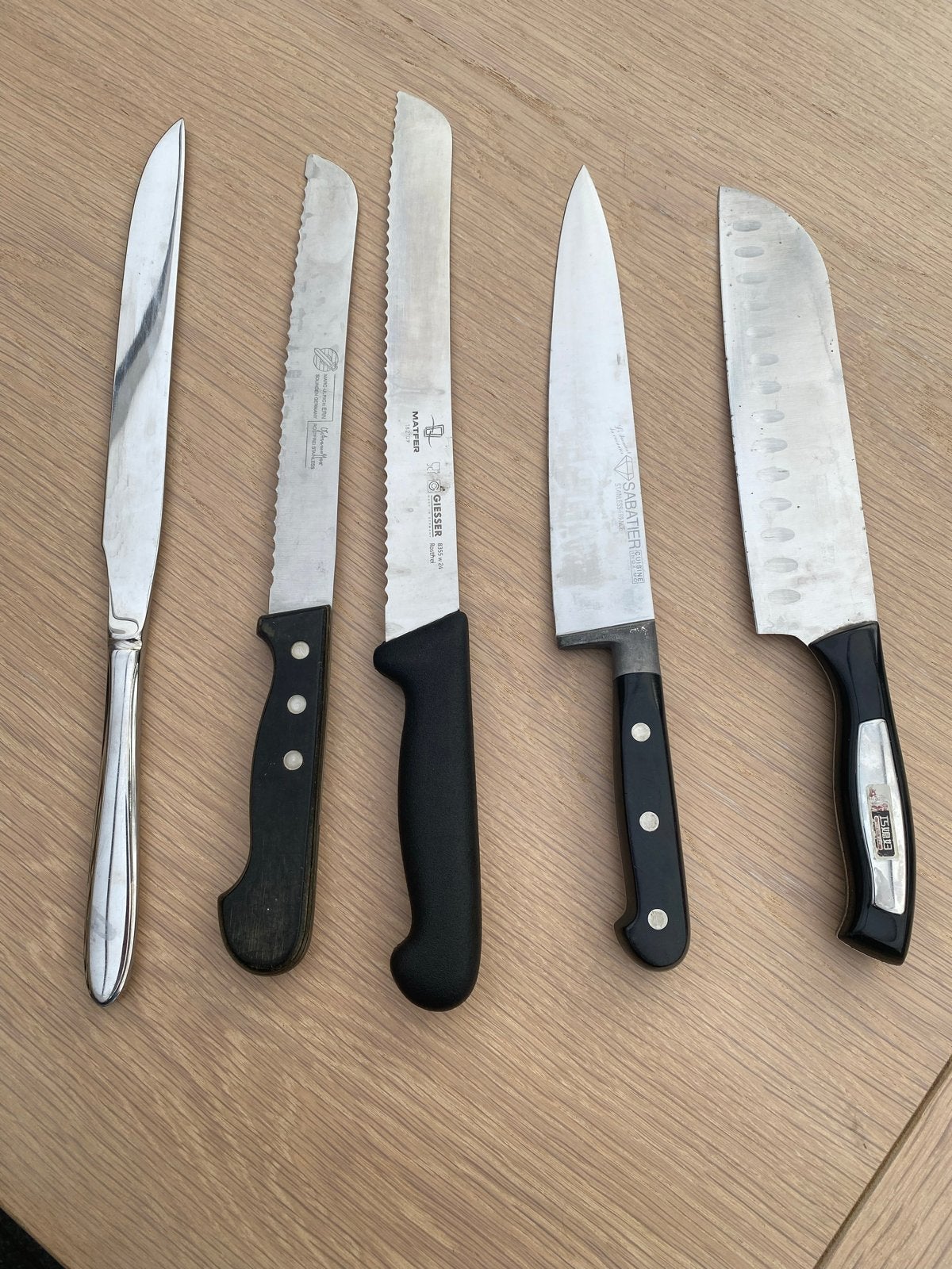 Diverse messen set - Broodmes, koksmes, vleesmes, Gebruikt, Los bestek, Ophalen of Verzenden, Rvs of Chroom