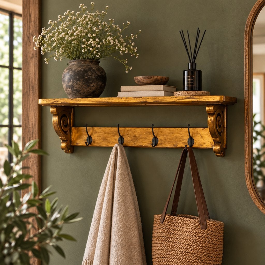 brocante kapstok van hout - 75 cm – goud - Gratis bezorgd, Wandkapstok, TTM Wonen, Meubels – (Perzische) Tapijten en Woonaccessoires