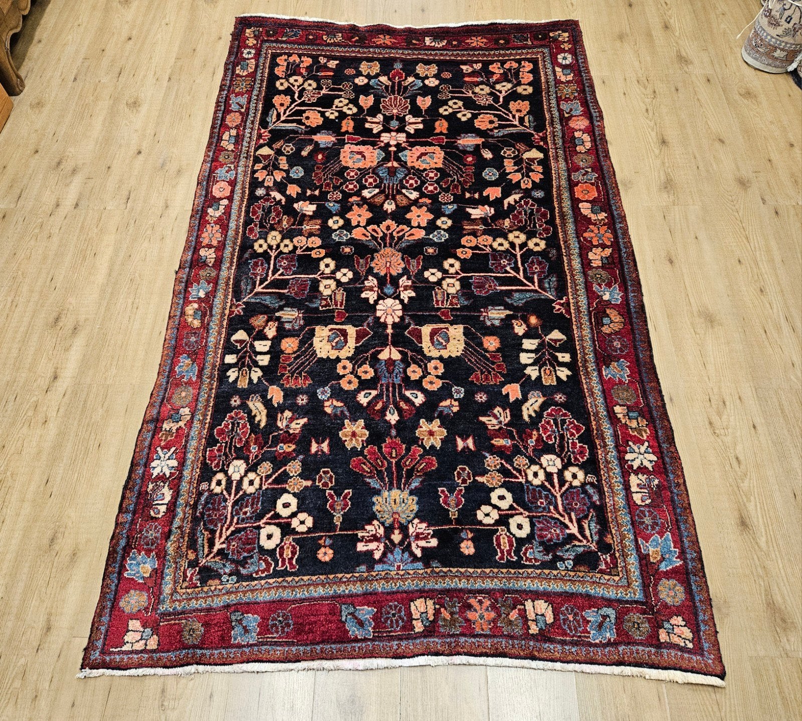 Vintage handgeknoopt perzisch tapijt hamadan 248x144, Info@SlatsAntiek.nl, Tweedehands, 100 tot 150 cm, Perzisch