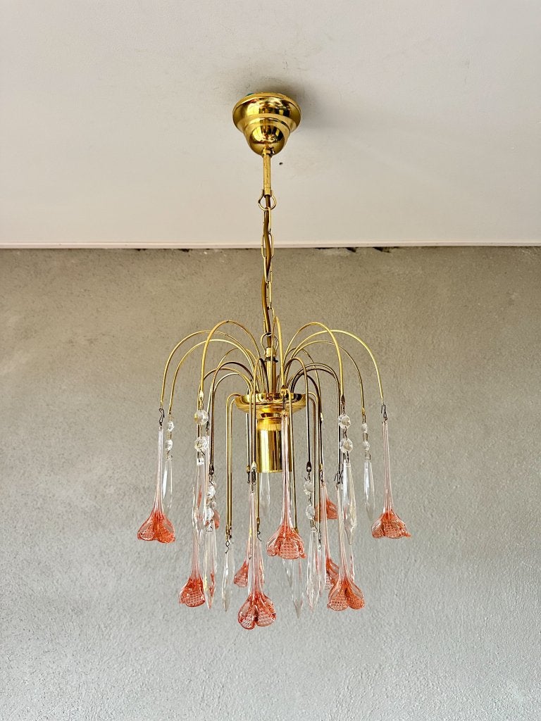 Vintage pink teardrop kroonluchter, Huis en Inrichting, Niet ingevuld, Gebruikt, Mid century, Ophalen of Verzenden