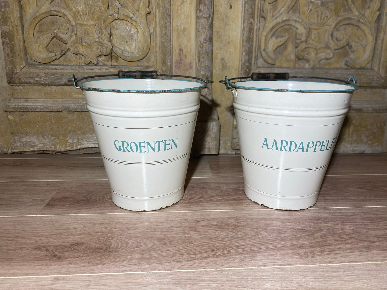 Vintage geëmailleerde emmers voor groenten en aardappelen, Antiek en Kunst, Antiek | Emaille, Ophalen of Verzenden