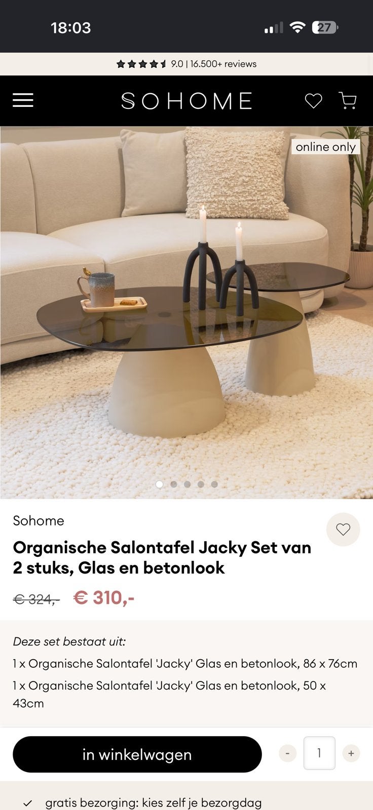 So home organische salontafel, Huis en Inrichting, Tafels | Salontafels, Zo goed als nieuw, Minder dan 50 cm, 50 tot 100 cm, 100 tot 150 cm