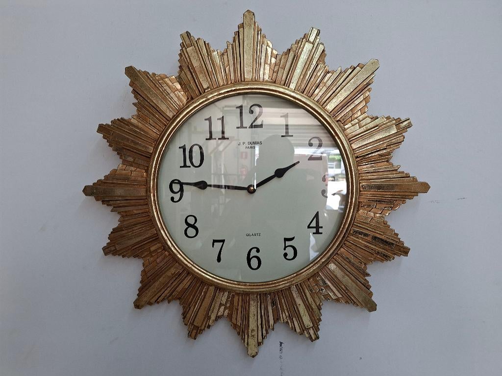 vintage goudkleurige zon grote wandklok, Huis en Inrichting, Ophalen of Verzenden, Gebruikt, Wandklok