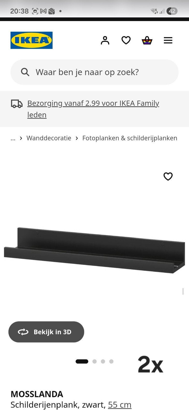 IKEA MOSSLANDA Schilderijenplank, zwart, 55 cm (2 stuks), Ophalen of Verzenden, Zo goed als nieuw, Wandbord of Wandpaneel, Modern