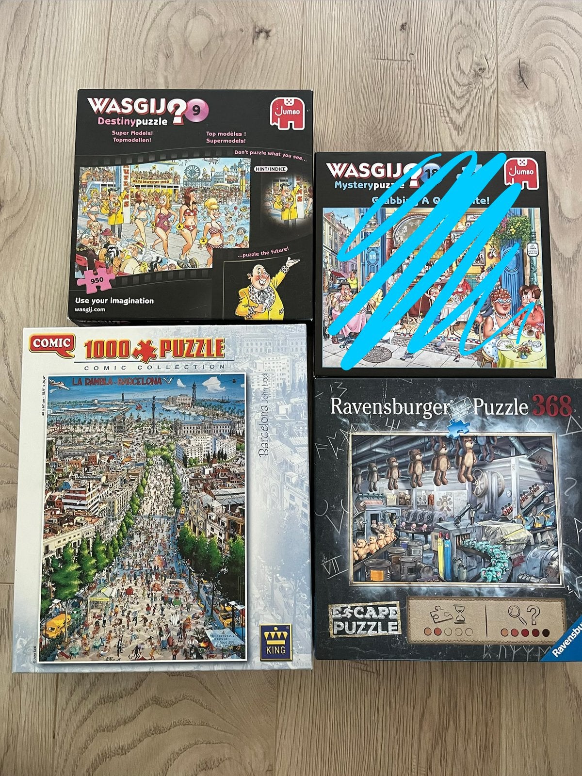 3 puzzels: wasgij, escape puzzel en barcelona comic, Ophalen of Verzenden, 500 t/m 1500 stukjes, Zo goed als nieuw, Legpuzzel