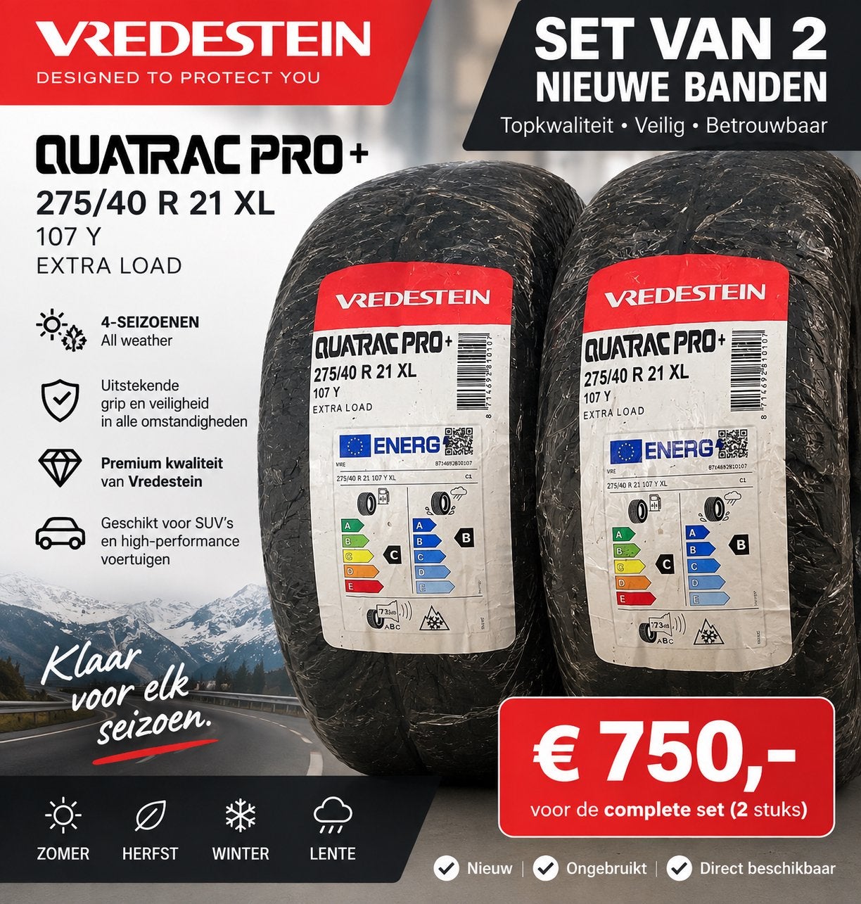 2x Vredestein Quatrac Pro+  275/40/21 all season, Verzenden, 275 mm, Nieuw, 21 inch