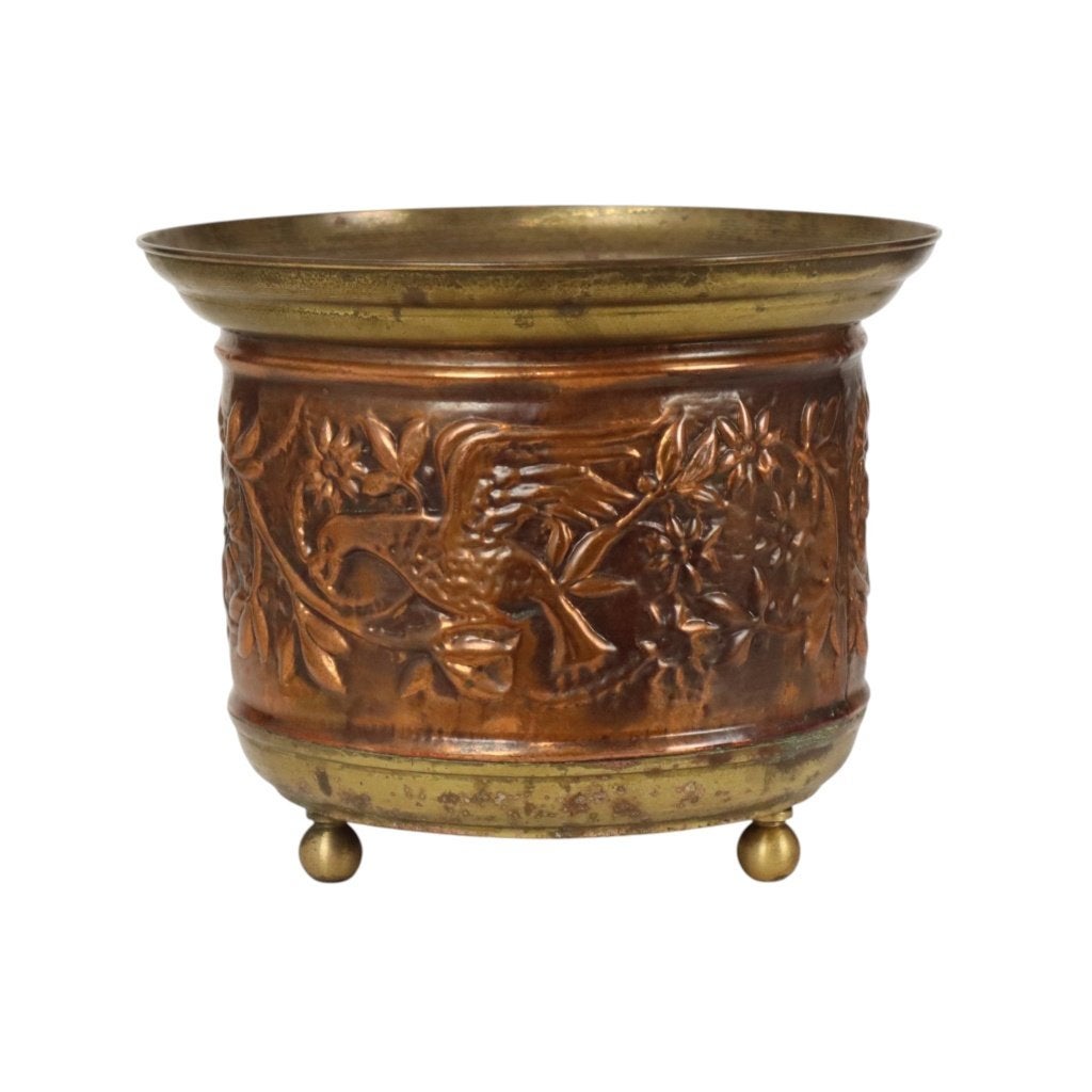 Vintage Koperen Bloempot Cache Pot Repoussé Fifties, Gebruikt, Rond, Ophalen of Verzenden, Balkon