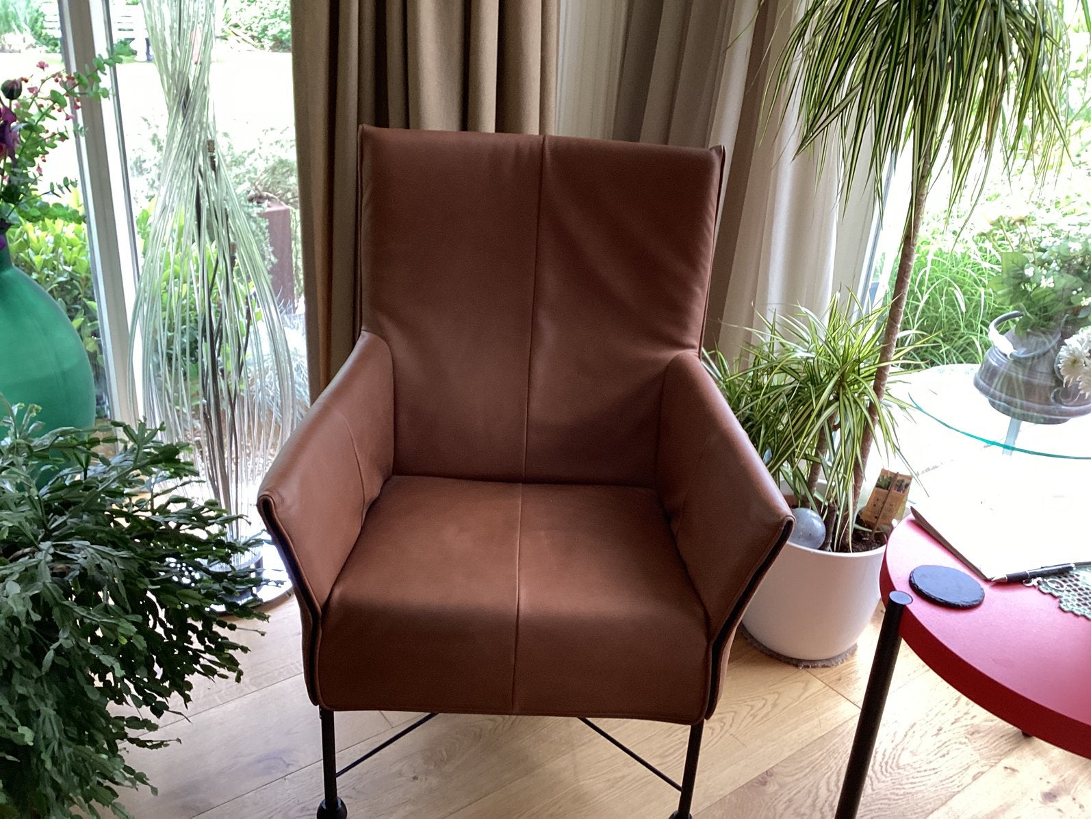 Montis Charlystoel in nieuwstaat, bekleed in rancho leer, Ophalen, Minder dan 75 cm, Leer, Zo goed als nieuw