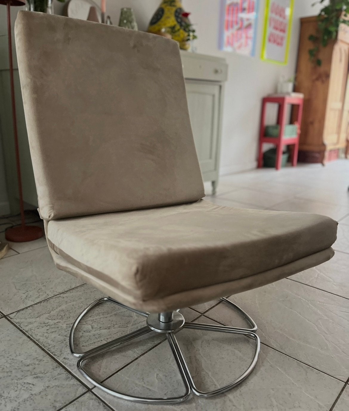 Jan des Bouvrie fauteuil - Beige stof met chromen onderstel, Ophalen, Gebruikt, Overige kleuren, Eén