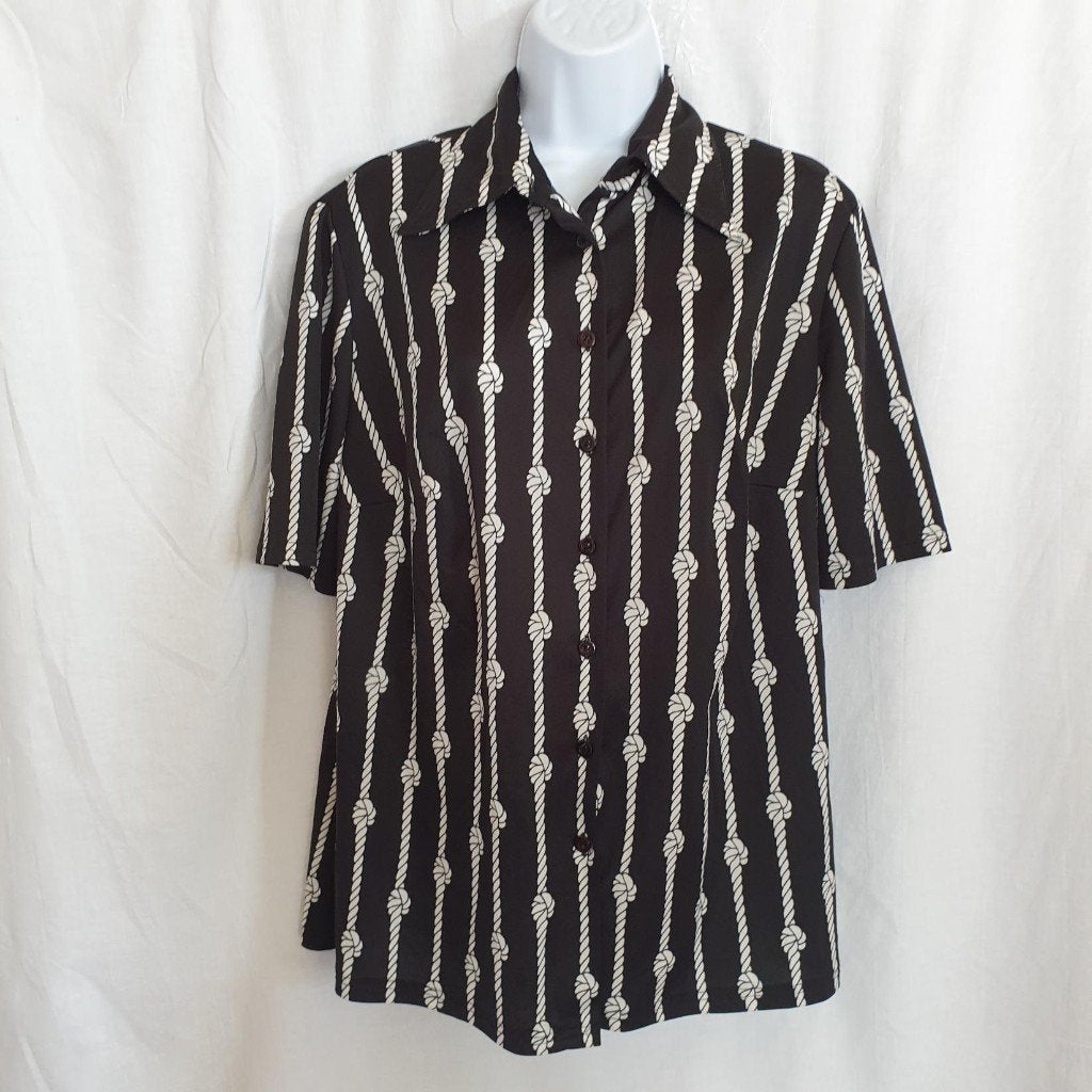Leuke vintage blouse, zwart met wit. Mt L Merk Trevira, Maat 38/40 (M), ., Zwart, Ophalen of Verzenden