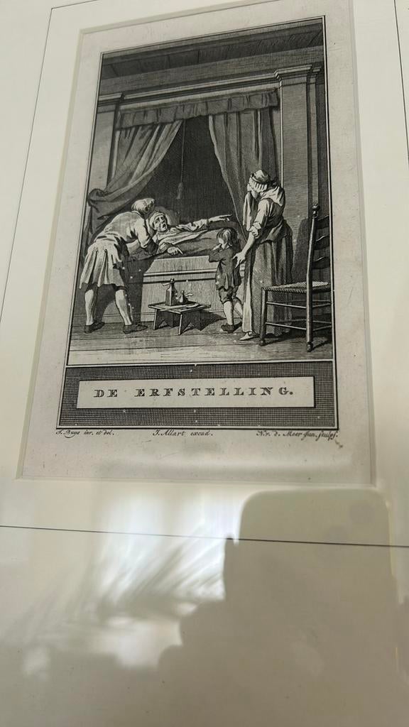 Oude gravure 'de erfstelling' uit 1765, ingelijst, Antiek en Kunst, Ophalen, Gravure, 1700 - 1799, Ingelijst