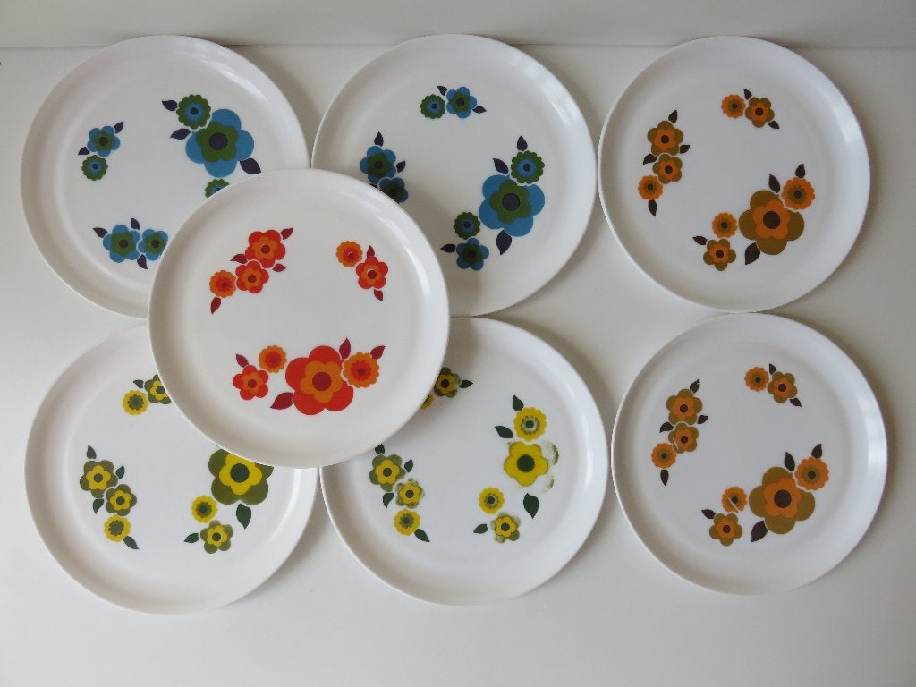 7 Vintage retro arcopal france lotus dinerborden bloemen, Gebruikt, Overige merken, Vintage, Ophalen of Verzenden