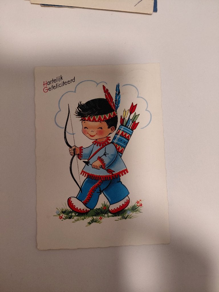 Hartelijk gefeliciteerd kind als indiaan met pijl en boog, Ophalen of Verzenden, 1960 tot 1980, Gelopen, Kinderen