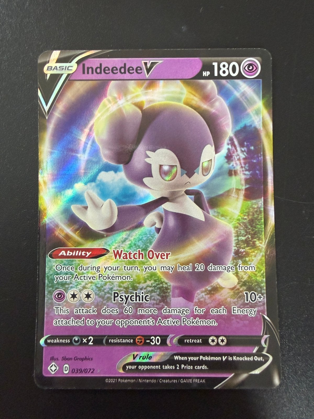 Indeedee V 039/072 Holo Rare Shining Fates Pokémon, Ophalen of Verzenden, Gebruikt, Losse kaart
