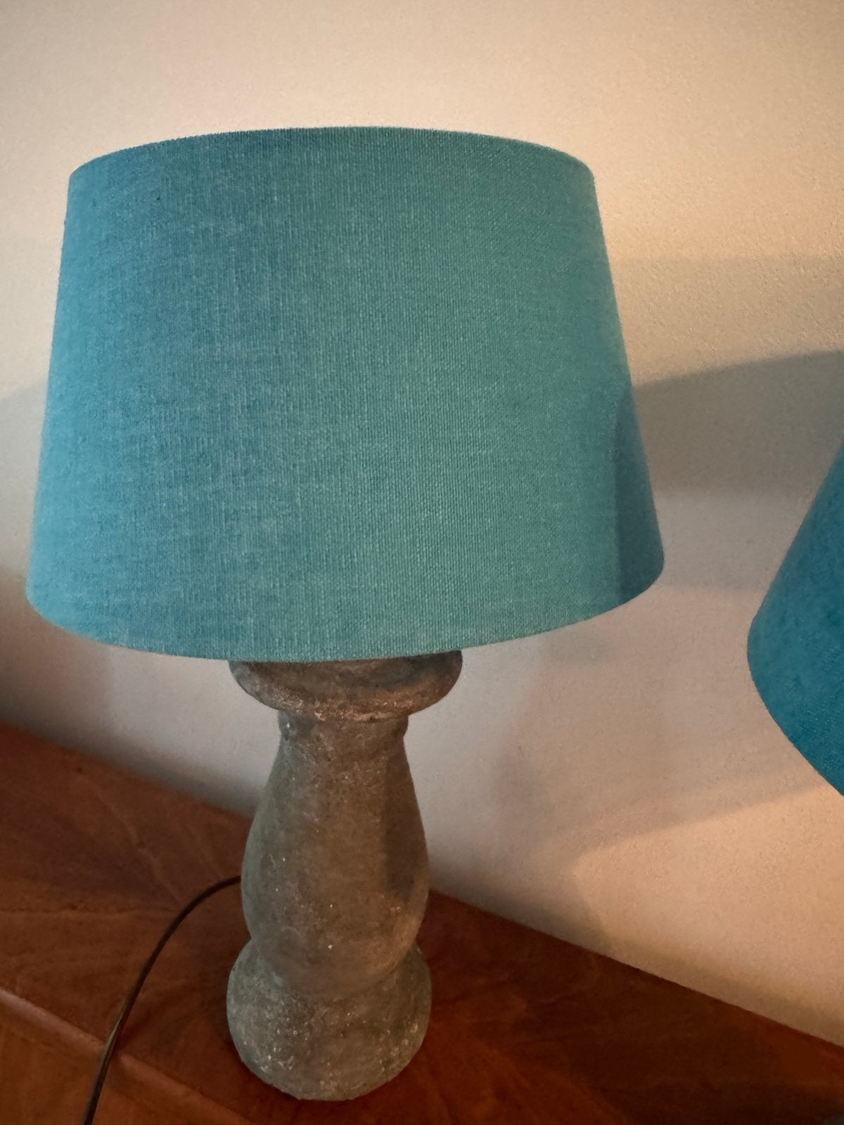 2 Schemerlampjes met verstelbare kap, petrol, 43 cm hoog, Zo goed als nieuw, Inclusief lichtbron, Schemerlamp, Steen/keramiek
