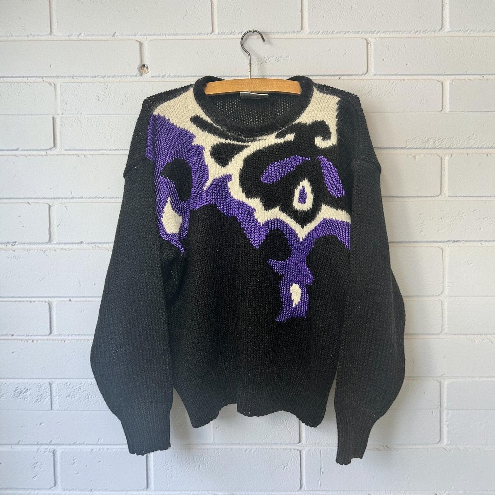 Vintage Trui Maat L Zwart Paars Wit Gebreid Wol Angora, Verzenden, Zwart, Maat 42/44 (L), V