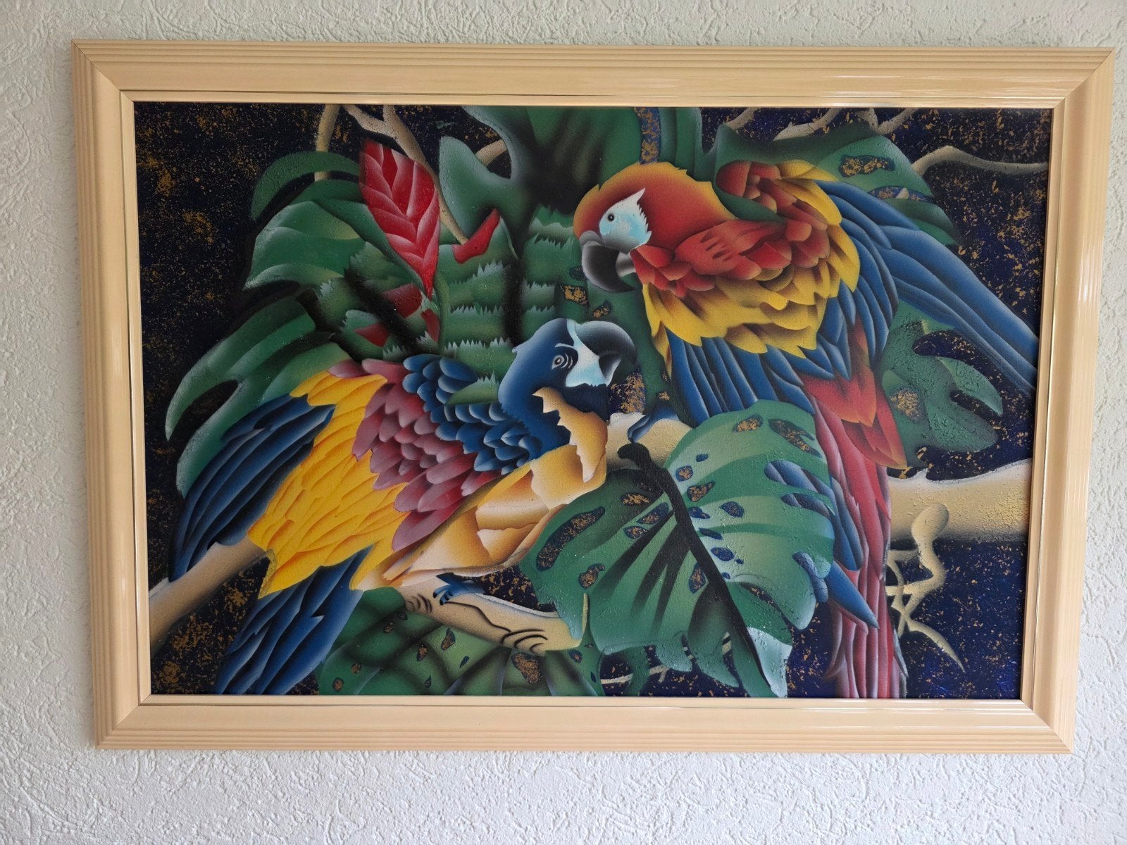 Kleurrijk schilderij van papegaaien in tropische setting, Antiek en Kunst, Kunst | Schilderijen | Klassiek, Ophalen