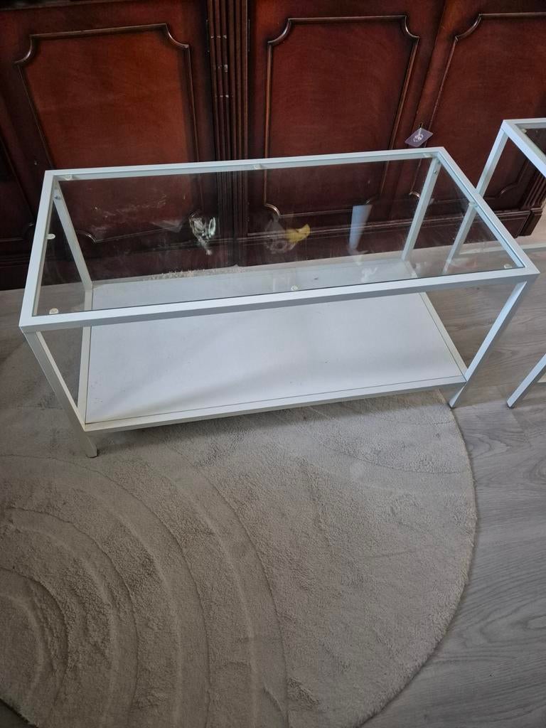 Set van 2 salontafels: glazen blad, wit metalen frame, Huis en Inrichting, Tafels | Salontafels, Gebruikt, 100 tot 150 cm, 50 tot 75 cm