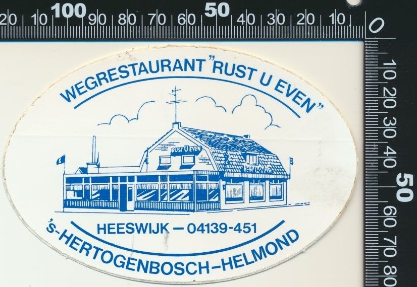 Sticker: Wegrestaurant Rust u even - Heeswijk (2), Ophalen of Verzenden, Zo goed als nieuw, Bedrijf of Vereniging
