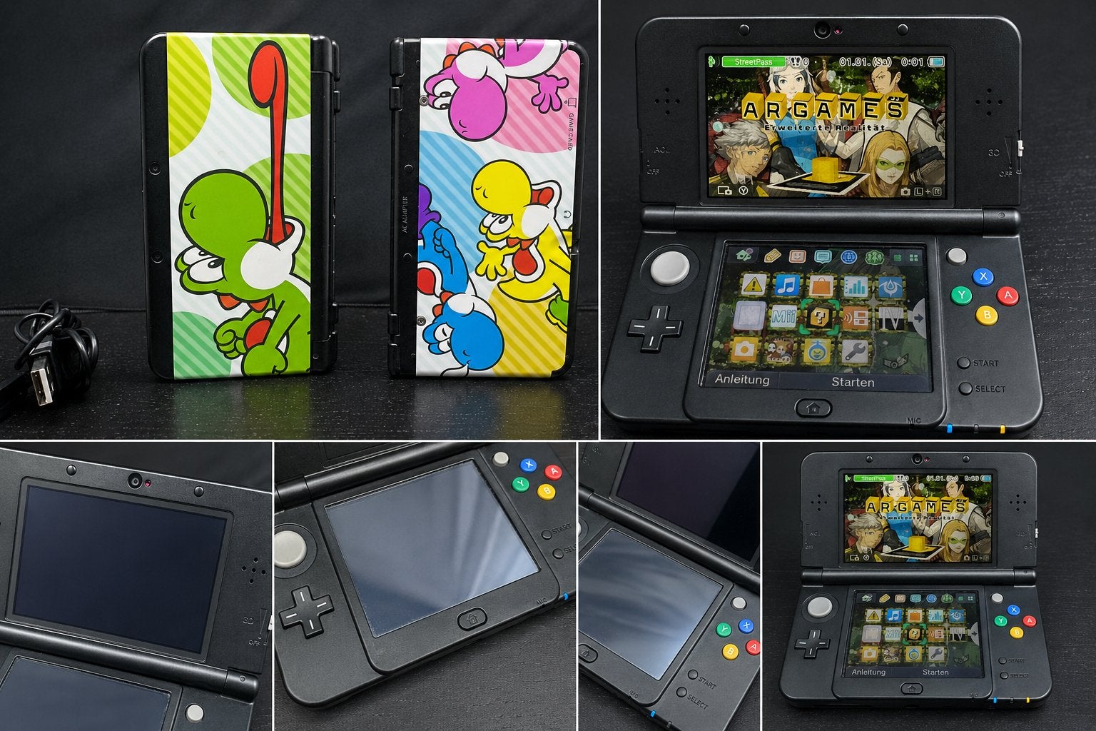 Nintendo New 3DS Zwart met Yoshi Faceplates + USB-laadkabel, B, Verzenden, D, S