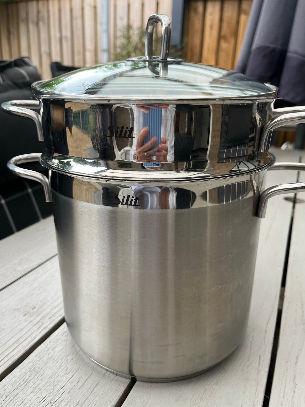 Silit stoom/ Kookpan, 5 ltr, doorsnee 24 cm, inductie koken, Huis en Inrichting, Keuken | Potten en Pannen, Ophalen, Met deksel