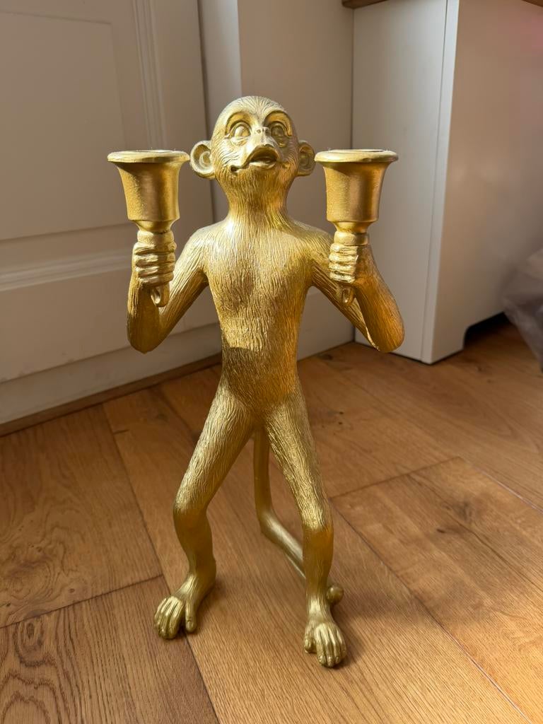 Gouden kandelaar aap 39cm hoog, Huis en Inrichting, Woonaccessoires | Kandelaars en Kaarsen, Overige materialen, Gebruikt, Overige kleuren