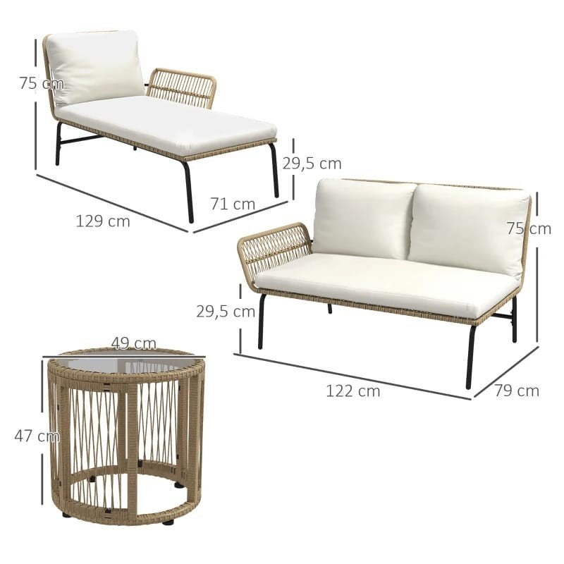 Loungeset met chaise longue tuinbank tuinset, Rotan, 3 zitplaatsen, Bank, Nieuw