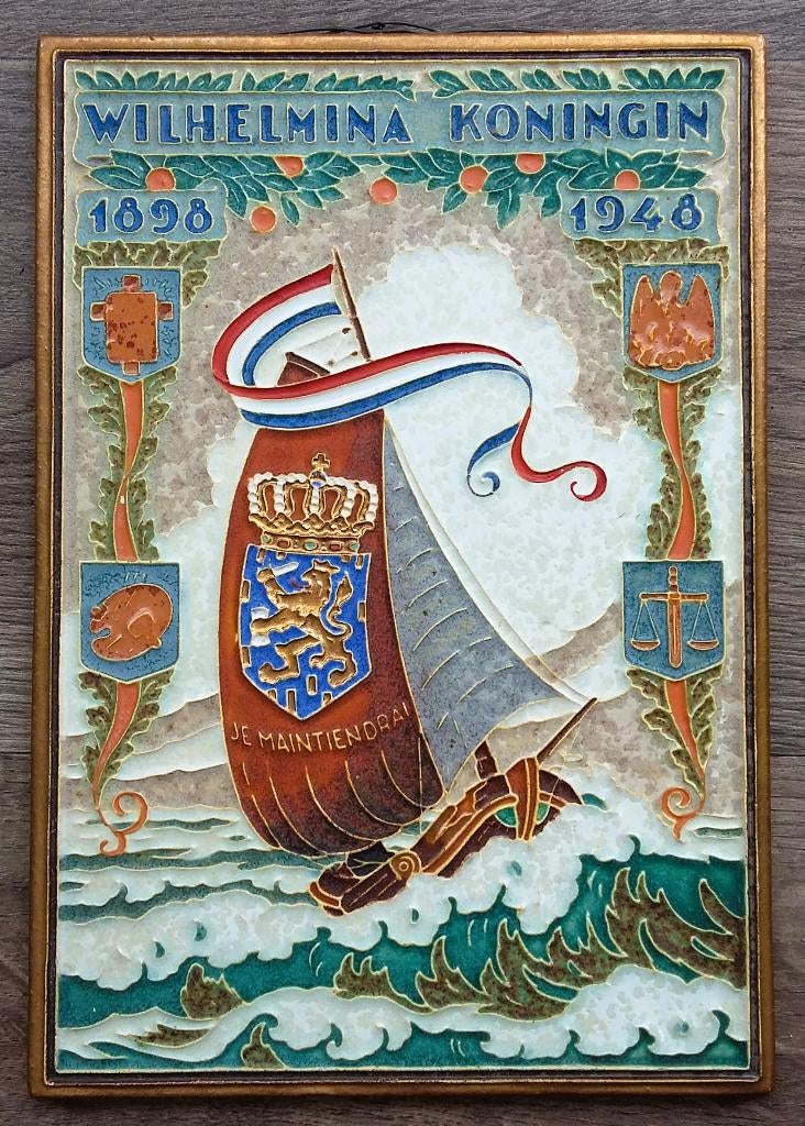 Jaar 1948 GROTE Tegel Delft Aardewerk Wilhelmina Koningin, Antiek en Kunst, Ophalen of Verzenden