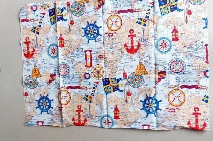 Vintage maritieme nautische kaartpatroon canvas katoen stof, Blauw, Nieuw, Ophalen of Verzenden, 30 tot 120 cm