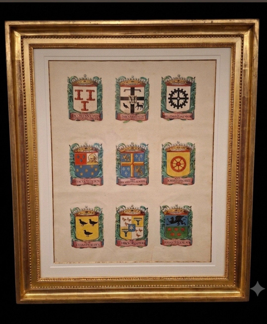Vergulde lijst met antieke gravures, Antiek en Kunst, Ophalen