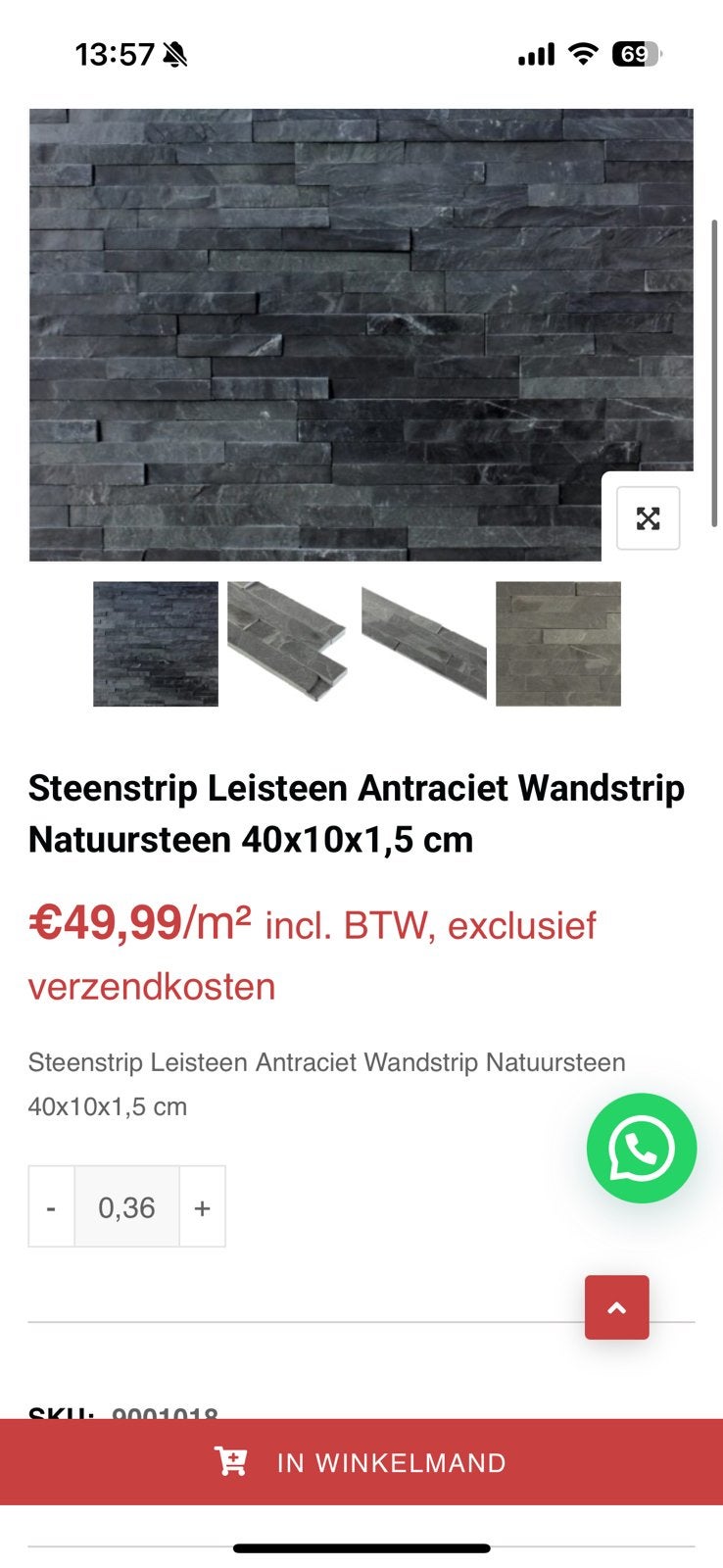 10 dozen natuursteen steenstrips in antraciet/donkergrijs., Ophalen, Zo goed als nieuw, Keramiek, Minder dan 5 m²