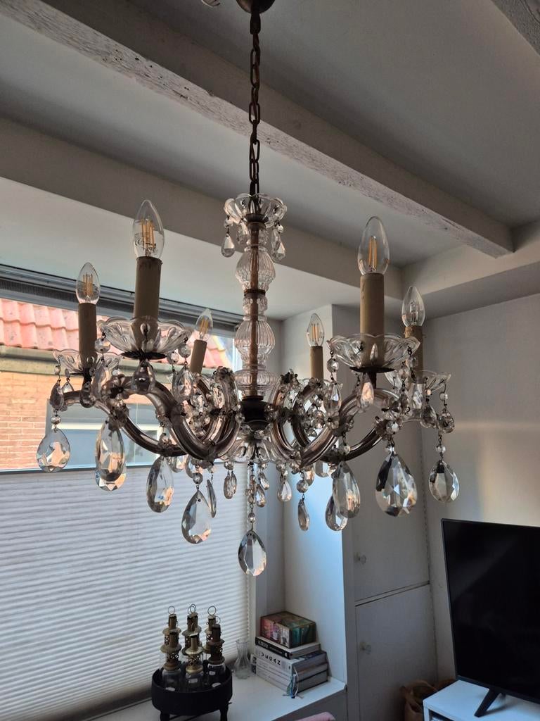 6 armige kroonluchter, Ophalen of Verzenden, Zo goed als nieuw, Glas, Klassiek artdeco bohemian chic